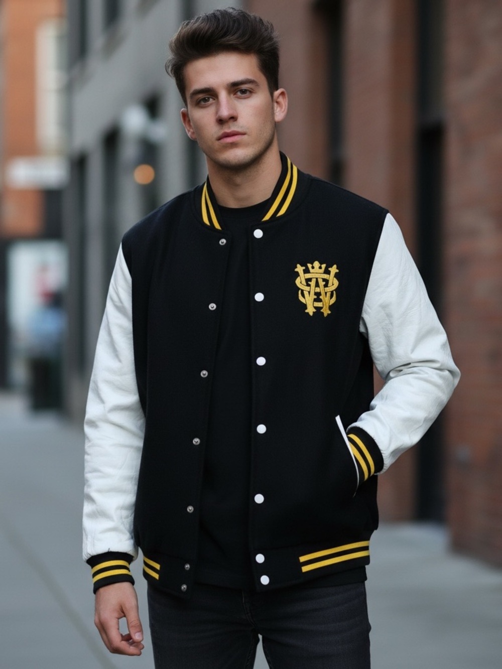Men's Black and White Varsity Bomber Jacket with Yellow Crest Detail
